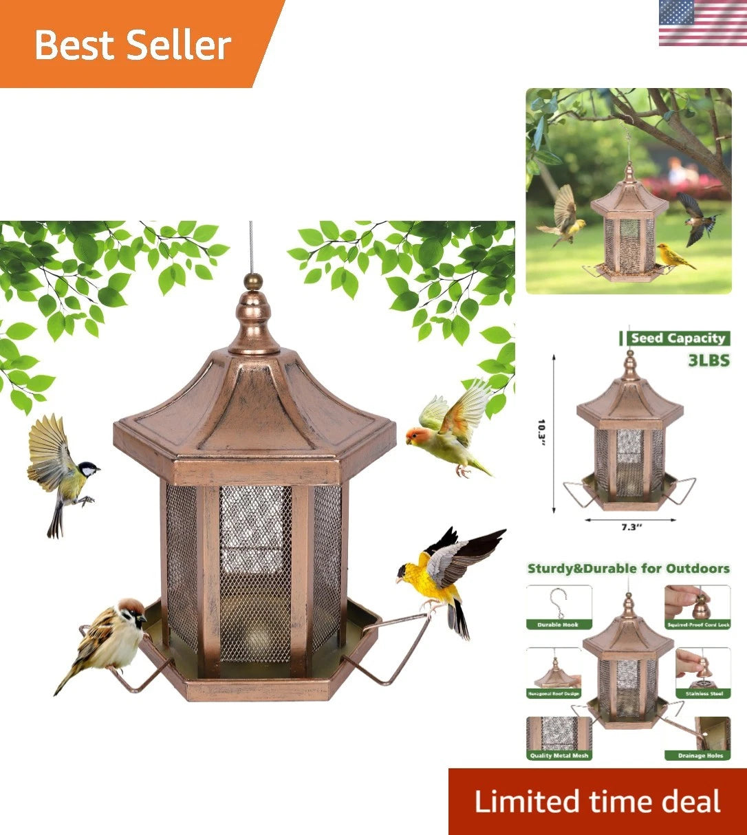 3LB Capacity Hexagon Bird Feeder for Birdwatching
