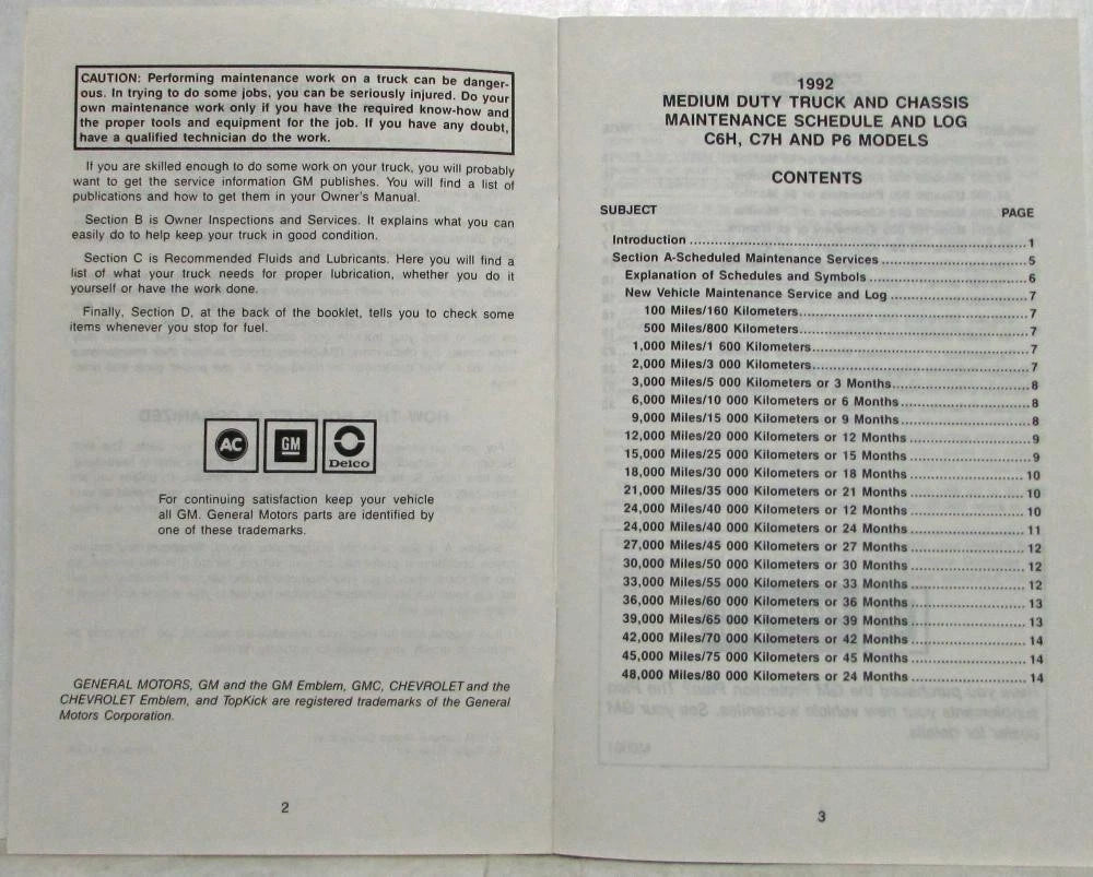 Maintenance Schedules Booklet for GMC TopKick Truck (1992)