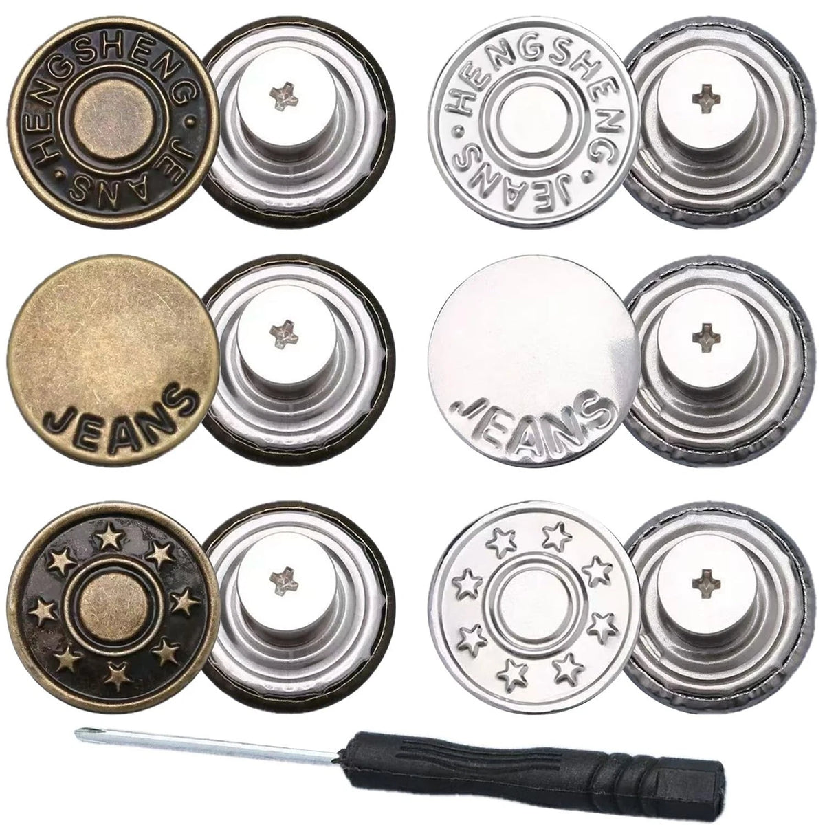 6pcs No-Sew Button Pins for Loose Jeans 17mm Brown Silver
