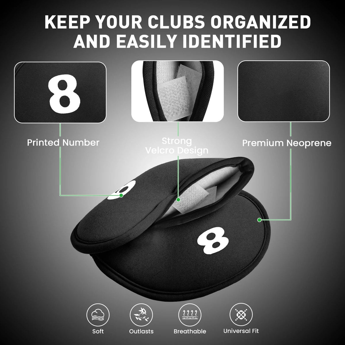 Set of 12 Neoprene Iron Covers for Golf Clubs - Black