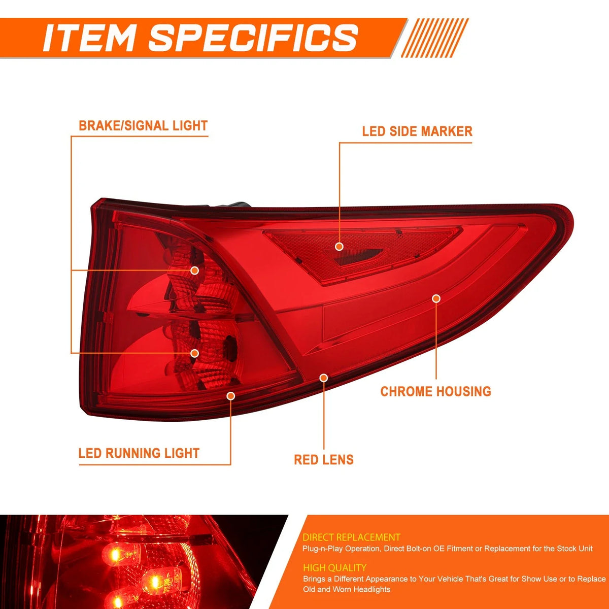 Passenger Side Chrome Outer LED Tail Light Brake Lamp for Honda Odyssey (2018–2023)