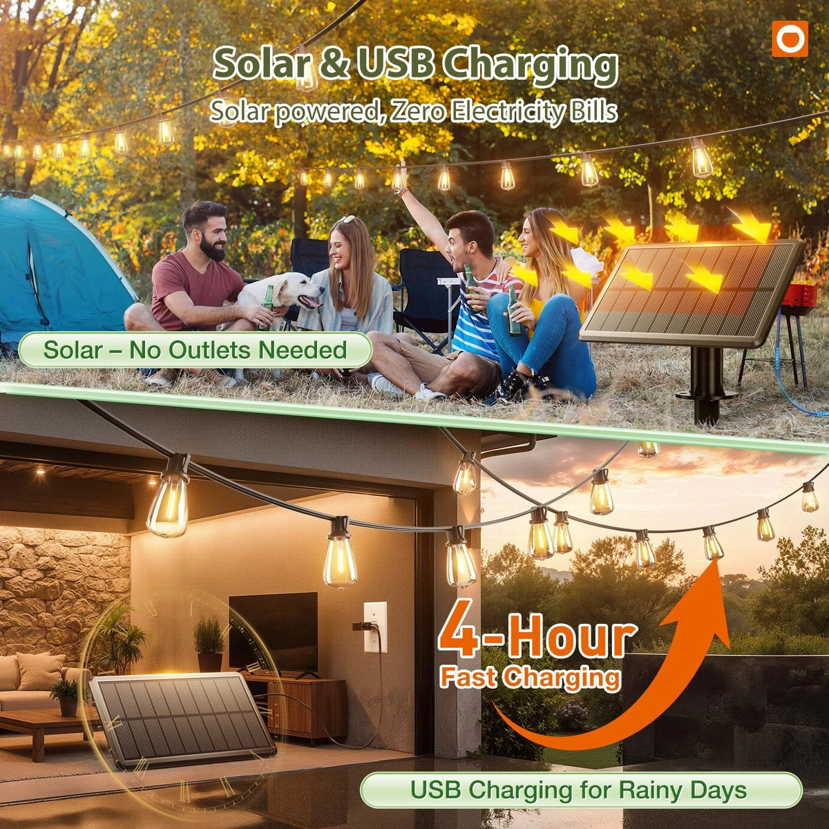 Set of 48FT Solar String Lights with 15 Sockets for Outdoor Use