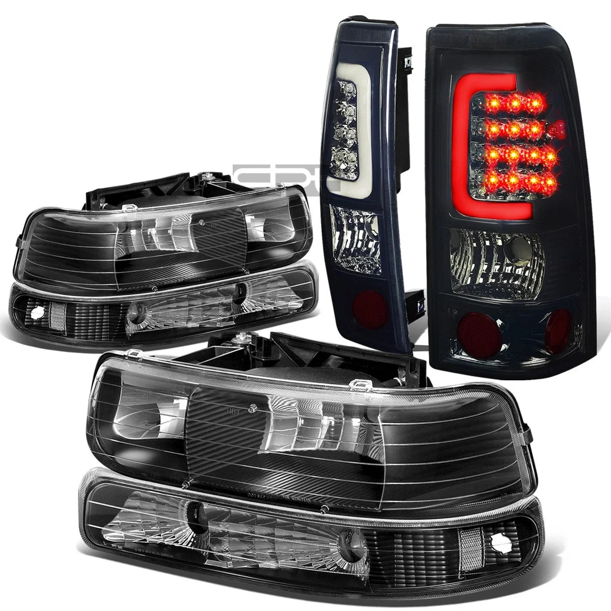 Set of 2 Black Headlights + Clear Bumper + 3D Chrome Smoke LED Tail Light for Silverado (1999–2002)