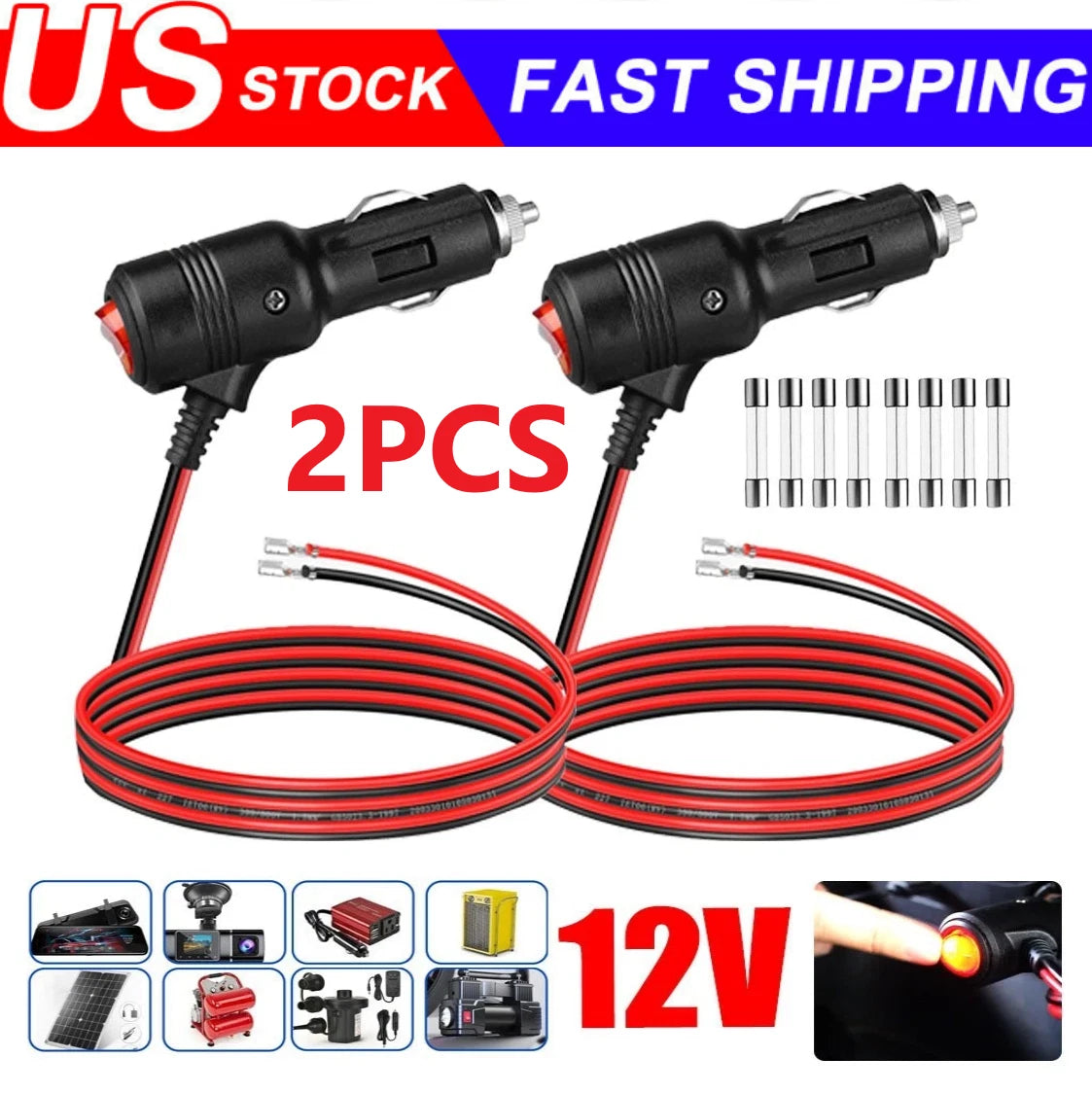 2X Fused LED Car Cigarette Lighter Plug Socket Adapter 12-24V with Switch