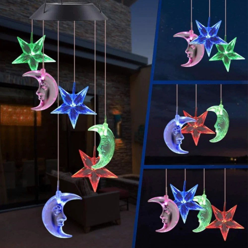 LED Solar Wind Chimes Lights - Color Changing Moon & Star Garden Decor