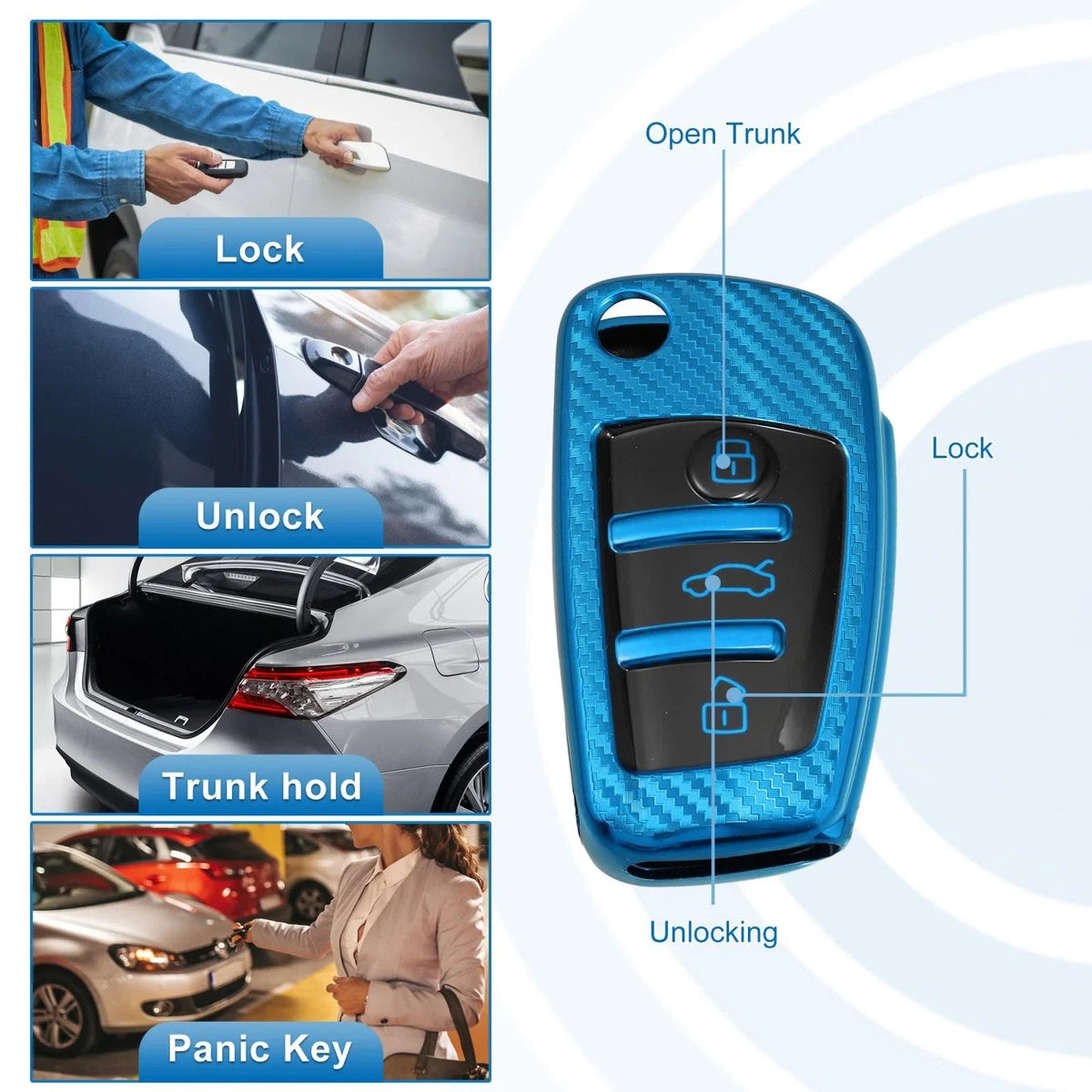 Silicone Smart Key Fob Case Cover for Audi A3 A1 (2013–2020) - Carbon Fiber Blue