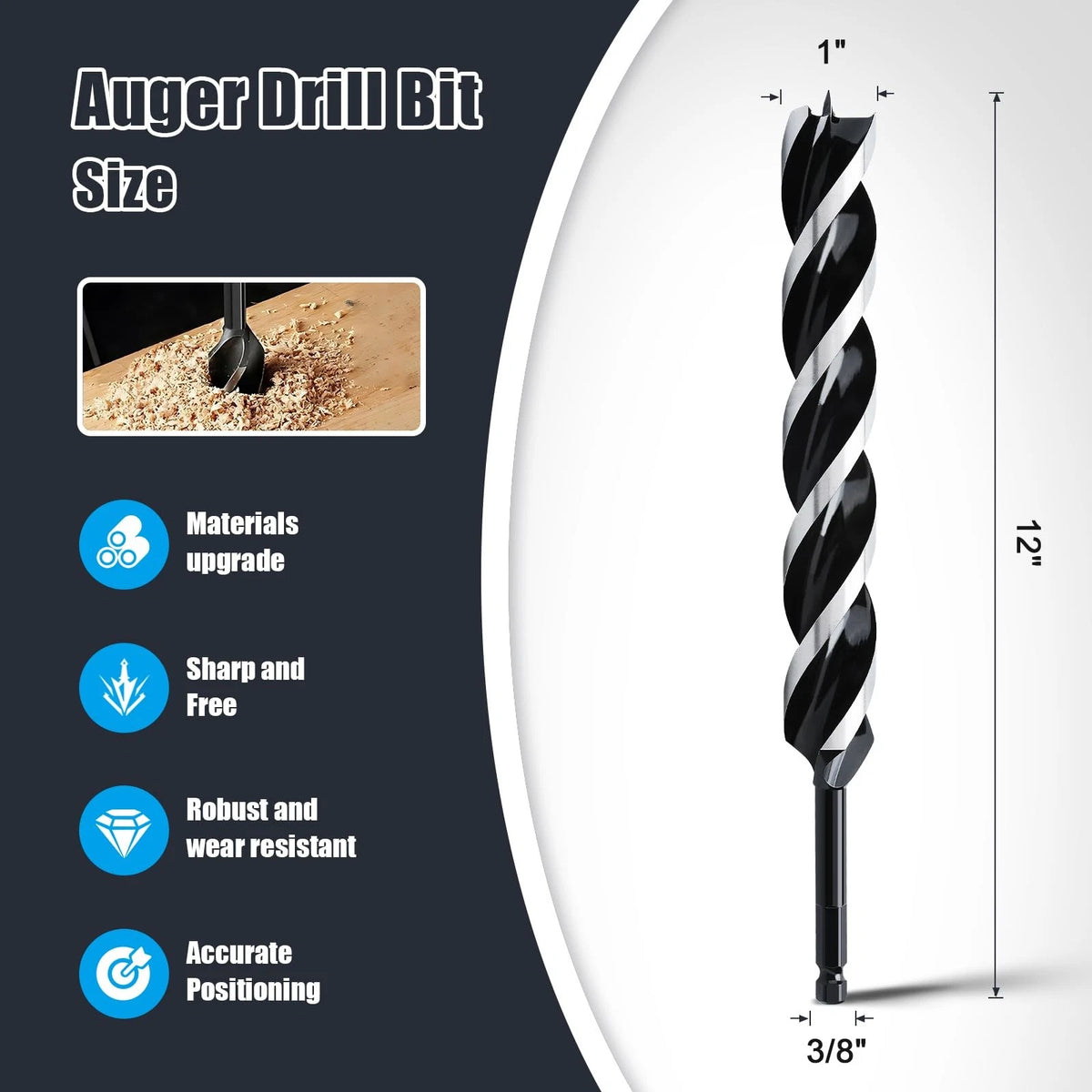 1" x 12" Auger Drill Bit for Wood, Hex Shank Tri Flute