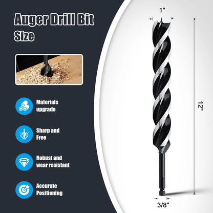1" x 12" Auger Drill Bit for Wood, Hex Shank Tri Flute