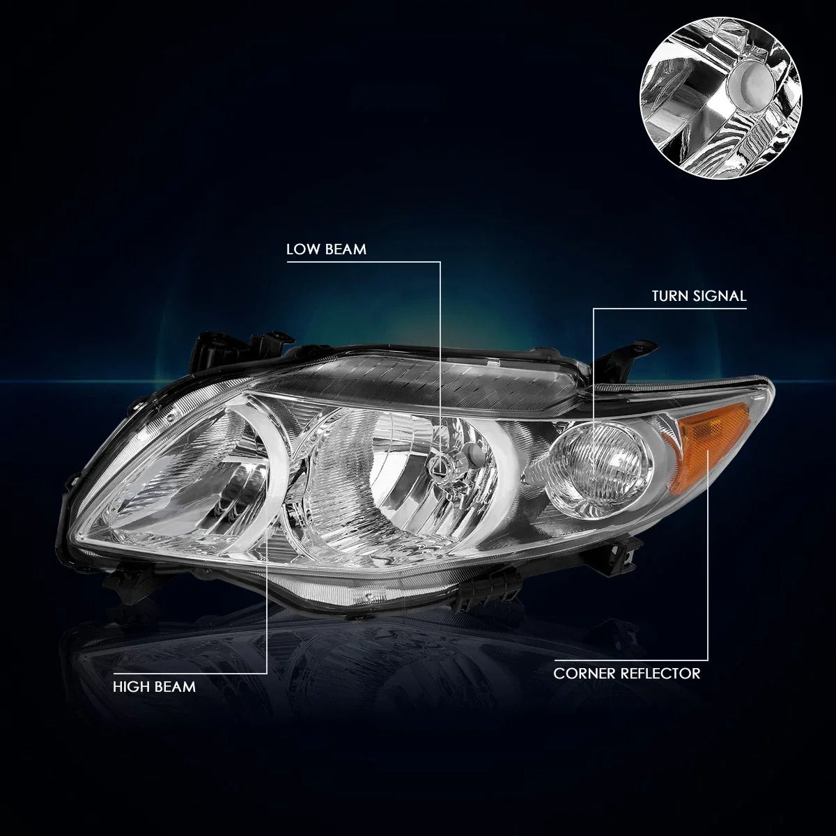 Set of 2 Chrome Housing Headlight Amber Side Corner Signal Lamps for Corolla (2009–2010)