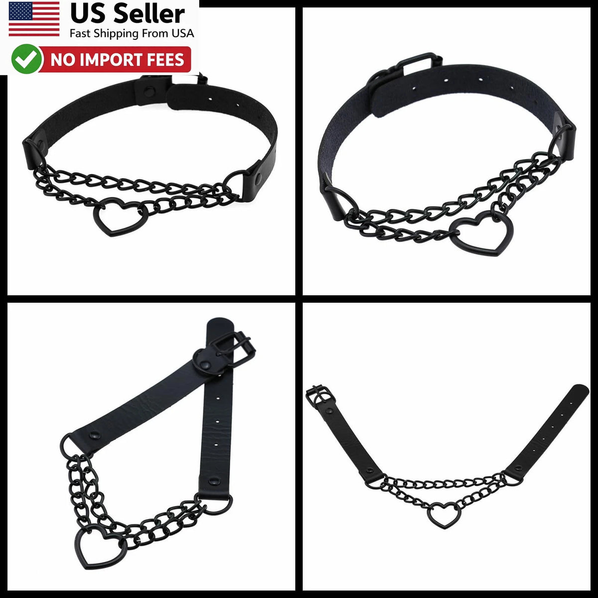 Vintage Love Heart Black Leather Choker Collar Body Chain Belt