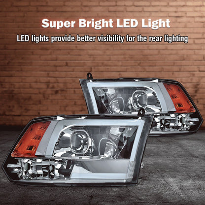 Black LED Tube Projector Headlights for Dodge Ram 1500 2500 3500 (2009–2012) - J-02HLA3715BSM, CH2502282, 55277409AF