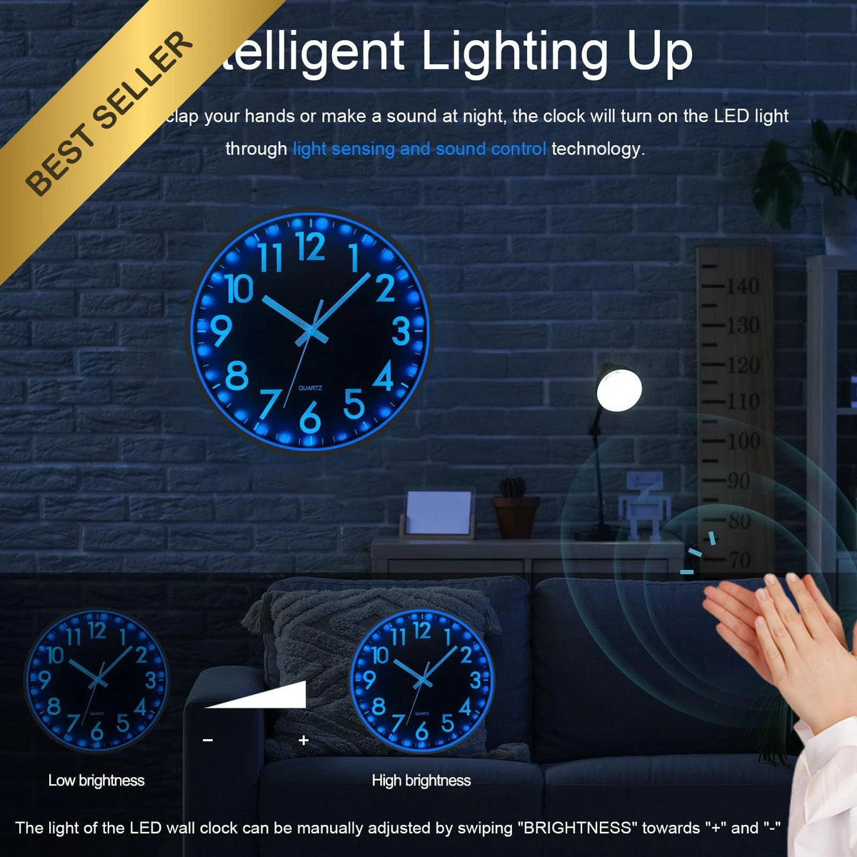 12 Inch LED Wall Clock for Modern Decor (Glow in Dark, Silent, Sound Control)