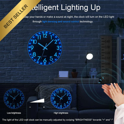 12 Inch LED Wall Clock for Modern Decor (Glow in Dark, Silent, Sound Control)