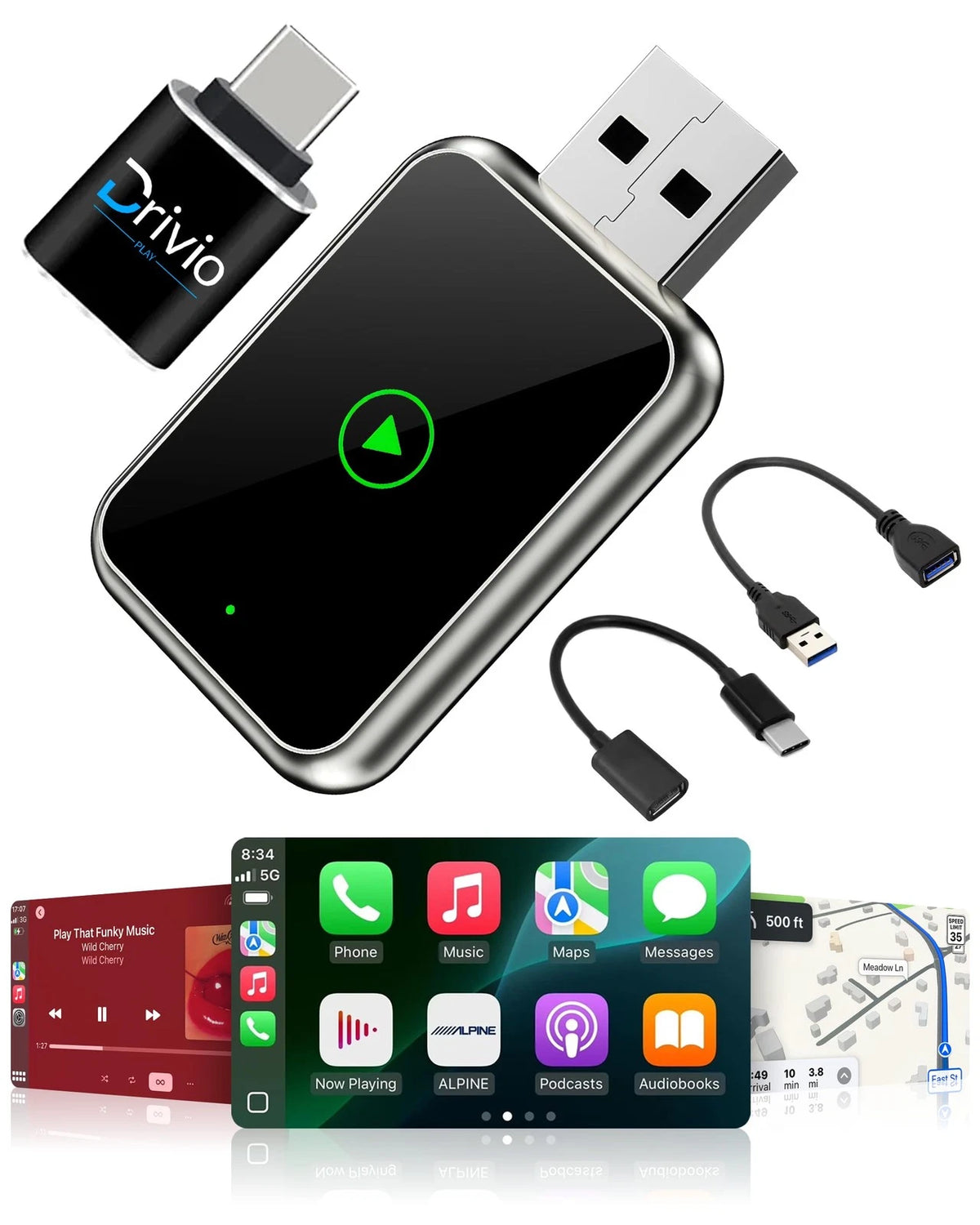 Wireless CarPlay Adapter for iPhone & Android (USB, Black)