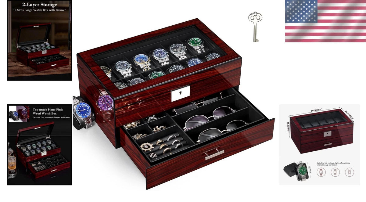 12 Slot Wooden Watch Box for Men (No specific part numbers)
