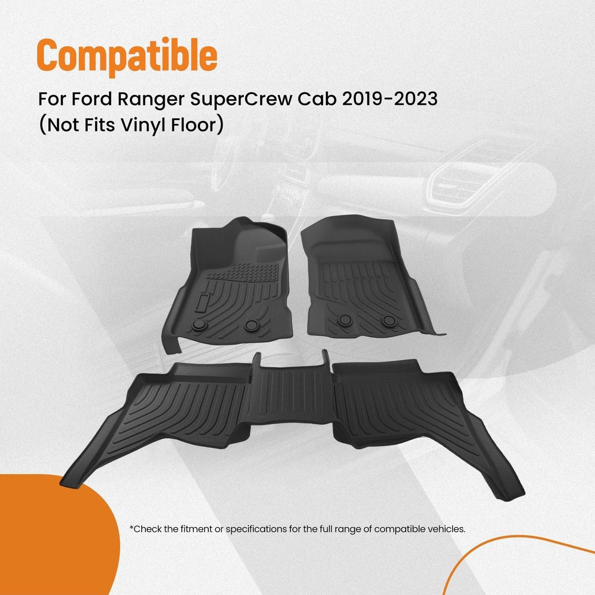 All Weather Floor Mats for Ford Ranger SuperCrew Cab (2019–2023) TPE Black