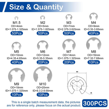300Pcs Stainless Steel E-Clip Assortment Kit M1.5-M10