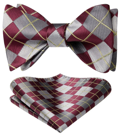 Burgundy Bow Ties for Men - Check Plaid Self Tie (One Size)
