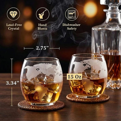 Set of 2 Globe Glass Whiskey Tumblers for Home Bar (No Part Numbers)