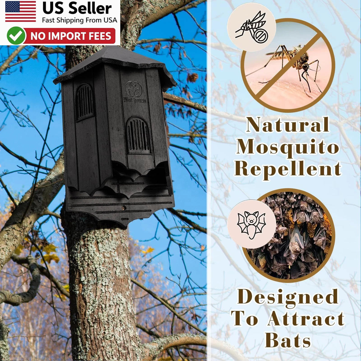 Large Wooden Castle 3 Chamber Bat House for Outdoor Use