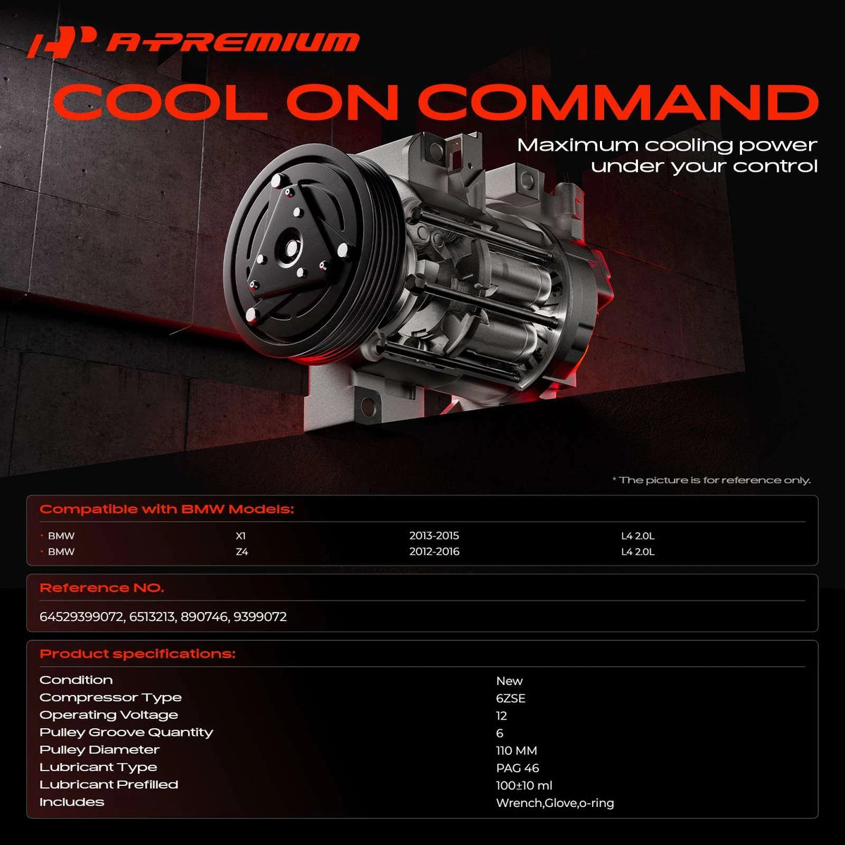 A/C Compressor with Clutch for BMW E84 X1 (2013–2015), E89 Z4 (2012–2016) 64529399072, 890746