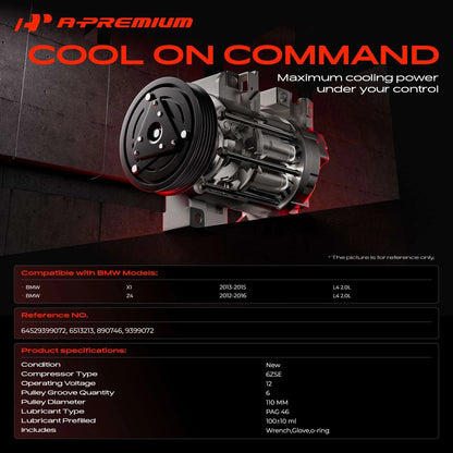 A/C Compressor with Clutch for BMW E84 X1 (2013–2015), E89 Z4 (2012–2016) 64529399072, 890746