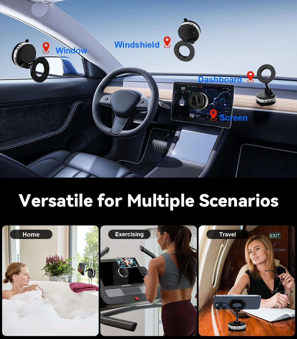 2X Vacuum Suction Magnetic Phone Holder for Car Dashboard (Black)