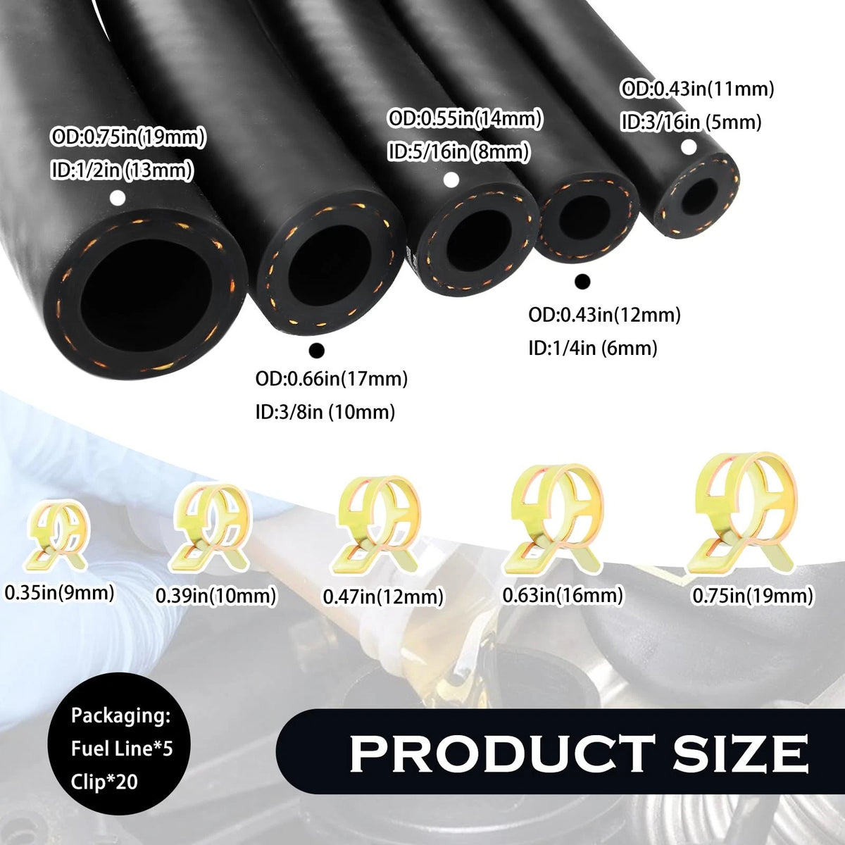5PCS Fuel Line Hose Set for (3/8, 1/2, 5/16, 1/4, 3/16)