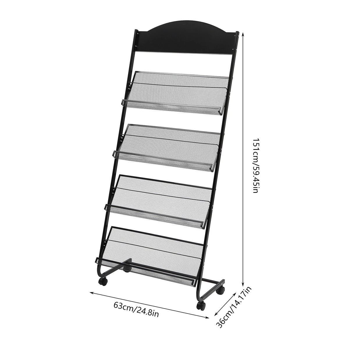4-Tier Metal Wheeled Magazine Rack for Storage Display Stand