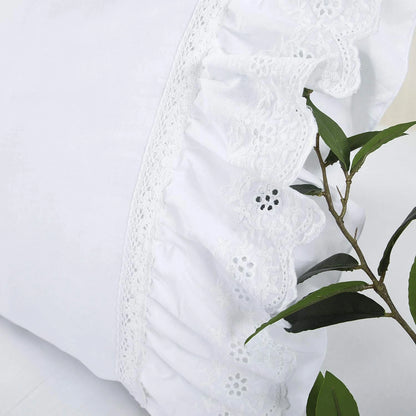 Eyelet Pillow Shams Set of 2 Lace Ruffled Standard White 20 x 26"