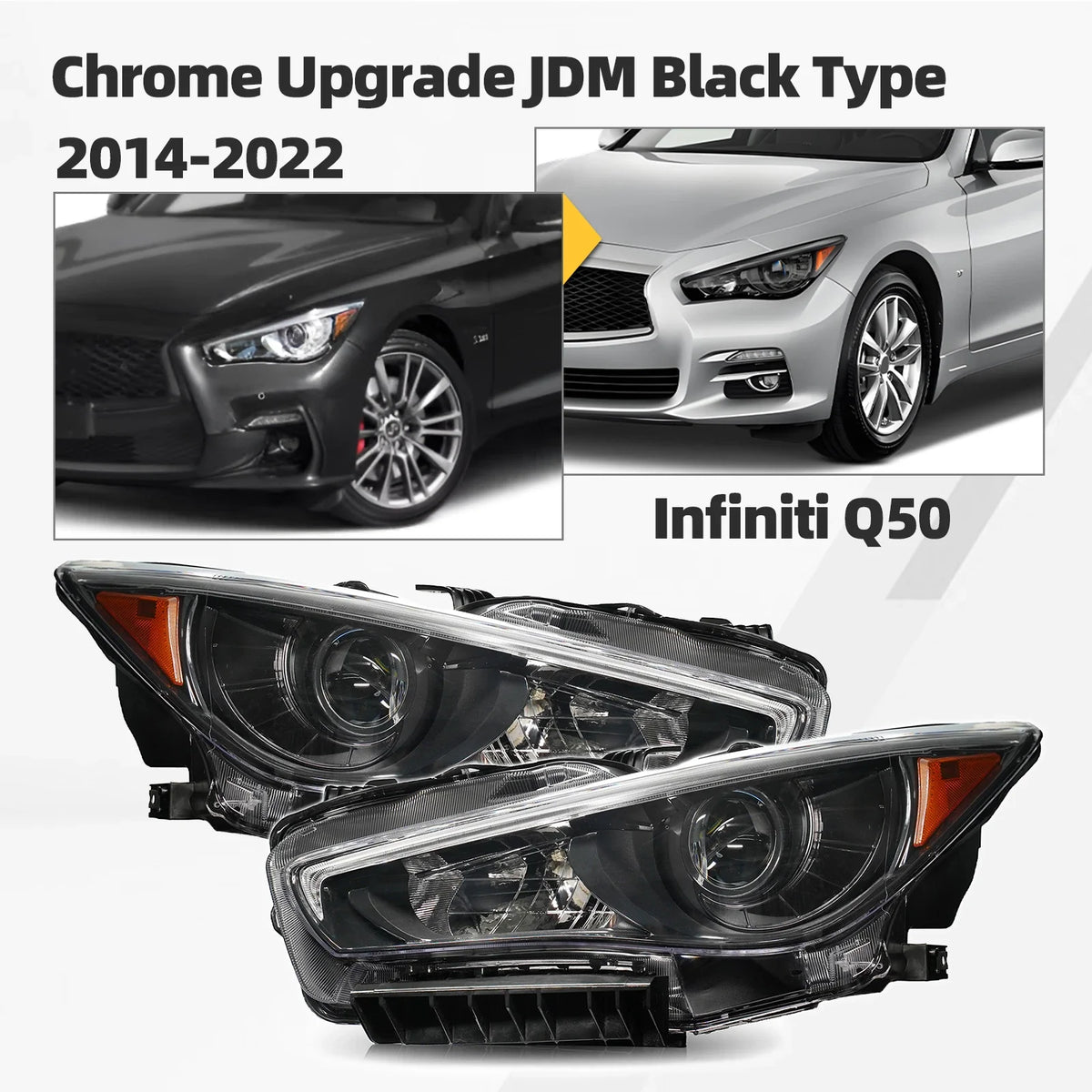 Set of 2 JDM Black LED Headlights for Infiniti Q50 (2014–2022) w/o AFS