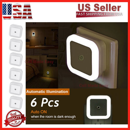 6X Plug-in LED Night Lights for Hallway Kitchen Bathroom (Dusk to Dawn Sensor)
