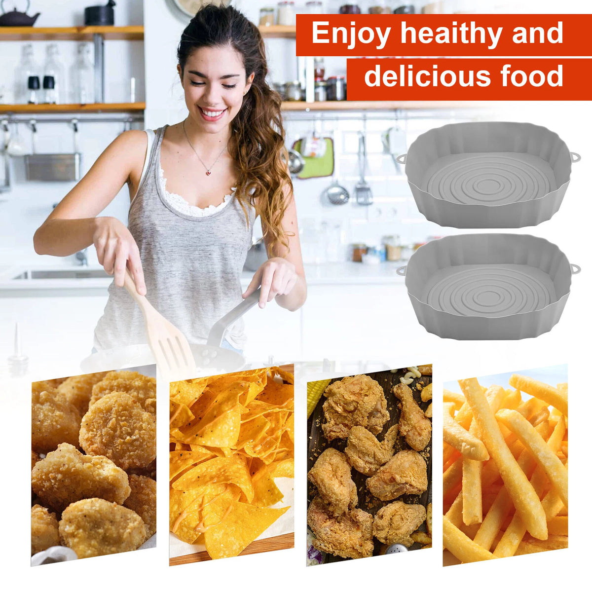 2X Silicone Air Fryer Pots for Oven Tray (Non-Stick, Reusable)