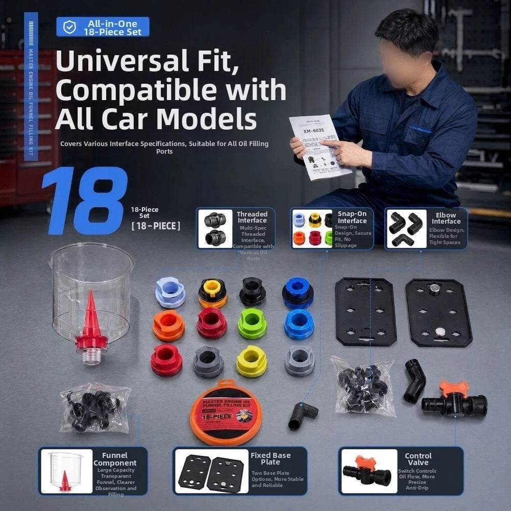 18 Piece Magnetic Oil Funnel Set for Automotive Fluid Fill Applications