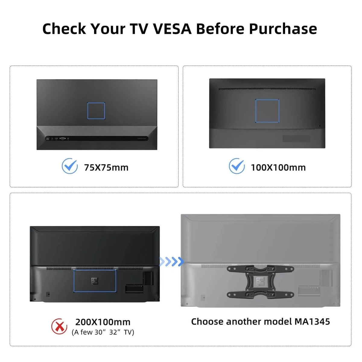 TV Wall Mount for 15-32" Screens (Full Motion, Swivel, Tilt) - 1pc, Black
