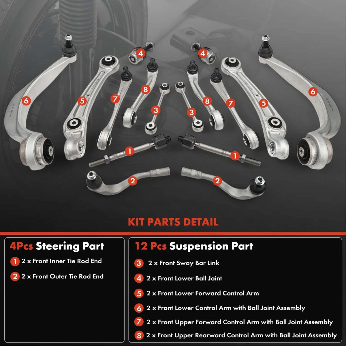 16Pcs Control Arm & Sway Bar Link Kit for Audi A4 (4H0422810, 8K0422817A)