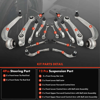 16Pcs Control Arm & Sway Bar Link Kit for Audi A4 (4H0422810, 8K0422817A)