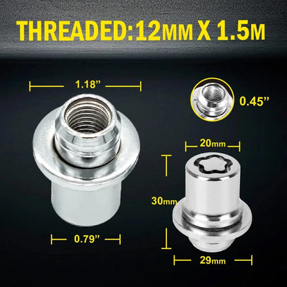 Set of 4 Wheel Lock Lug Nuts for Security Fit Standard M12 x 1.5, Chrome