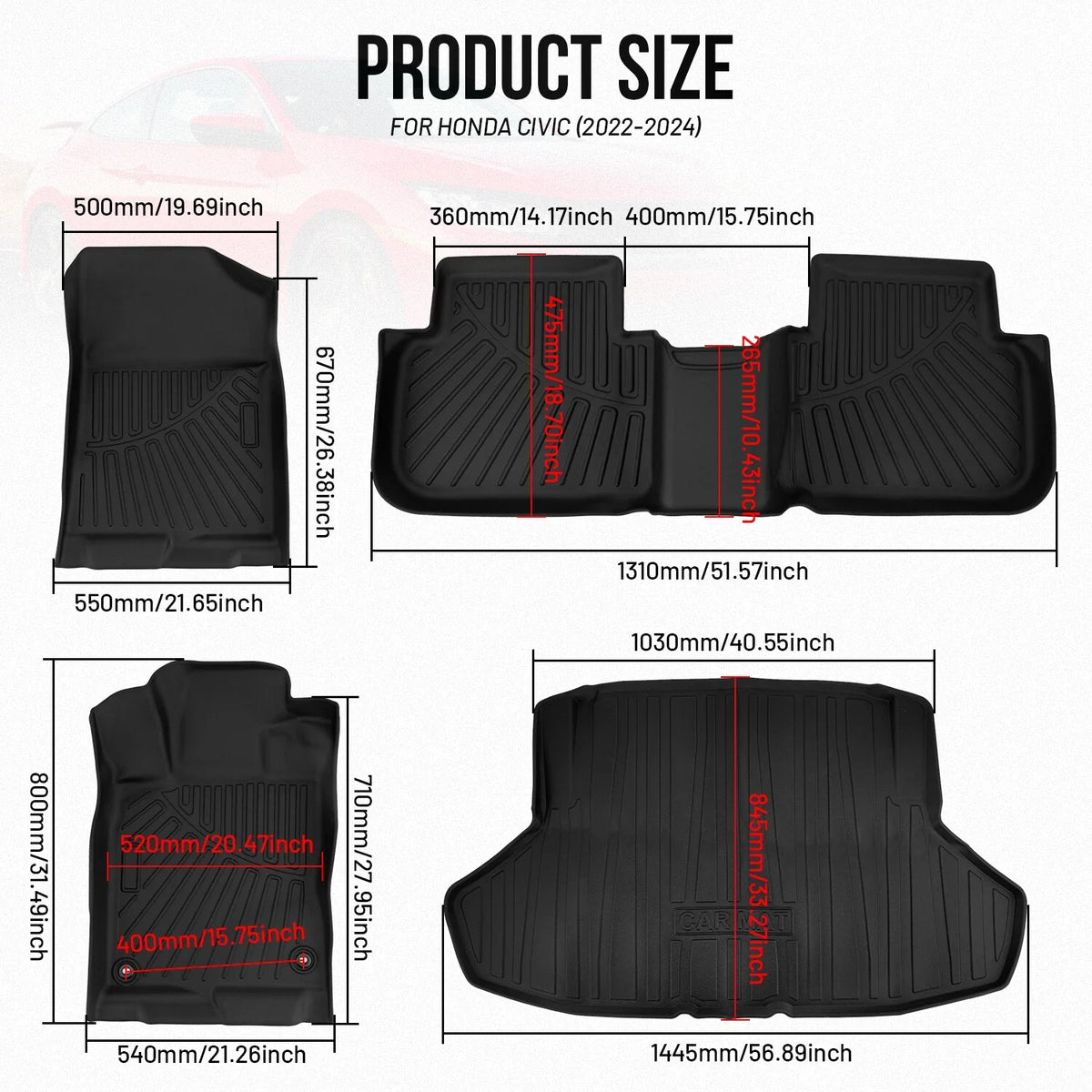 Set of 2 3D Cargo Mats for Honda Civic Sedan (2022–2025)