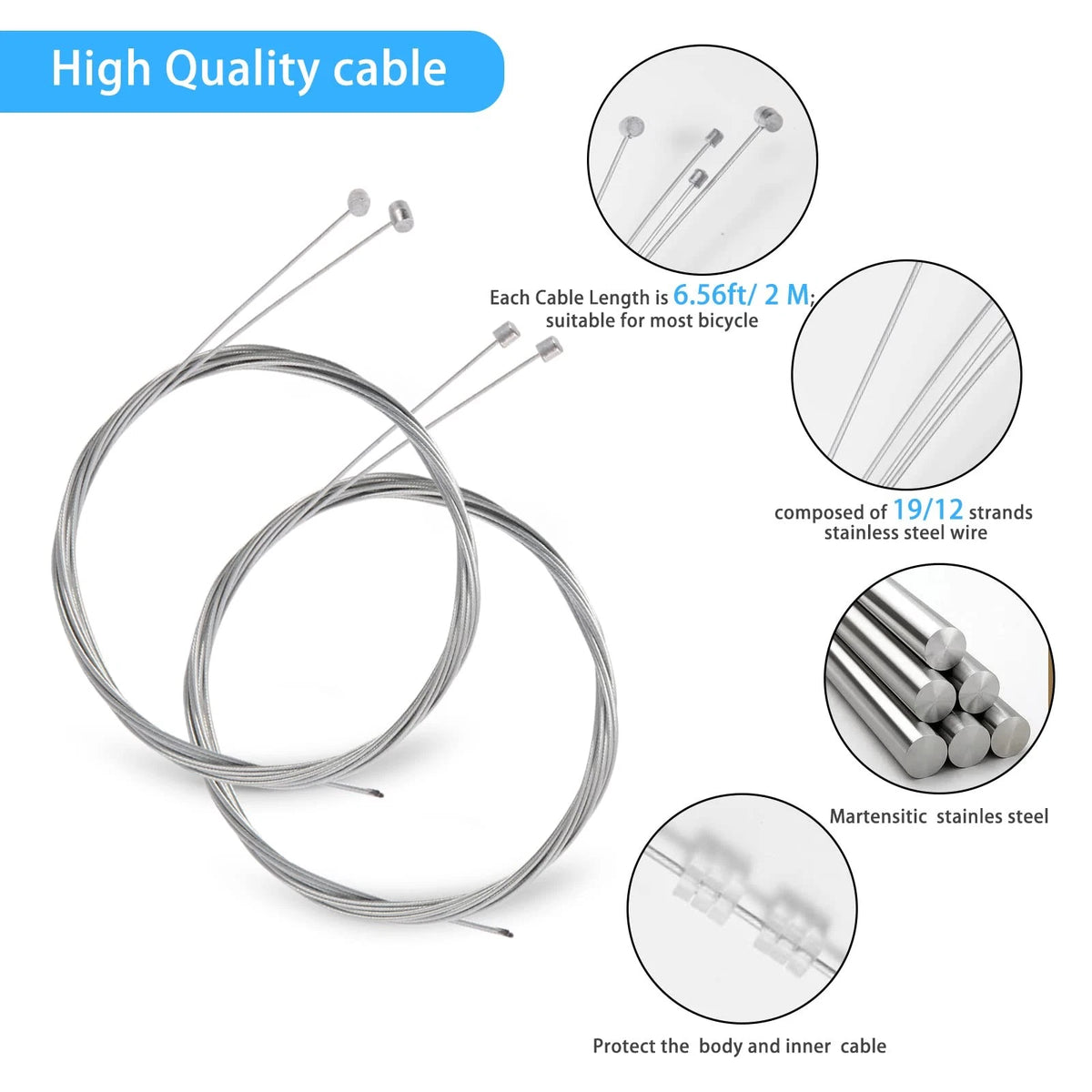 Set of 4 Bike Brake Cable Gear Shifter Wires - Universal Small, Silver