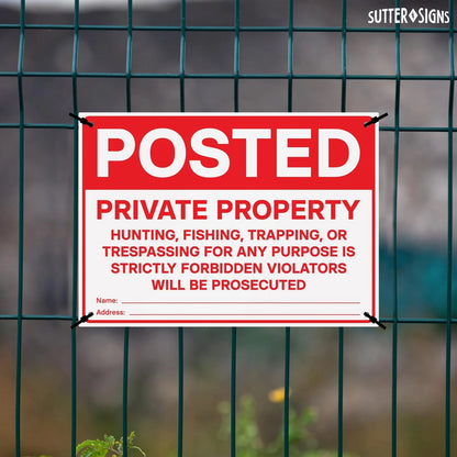 Set of 4 Posted Private Property Signs No Hunting 14" x 10", Red/White