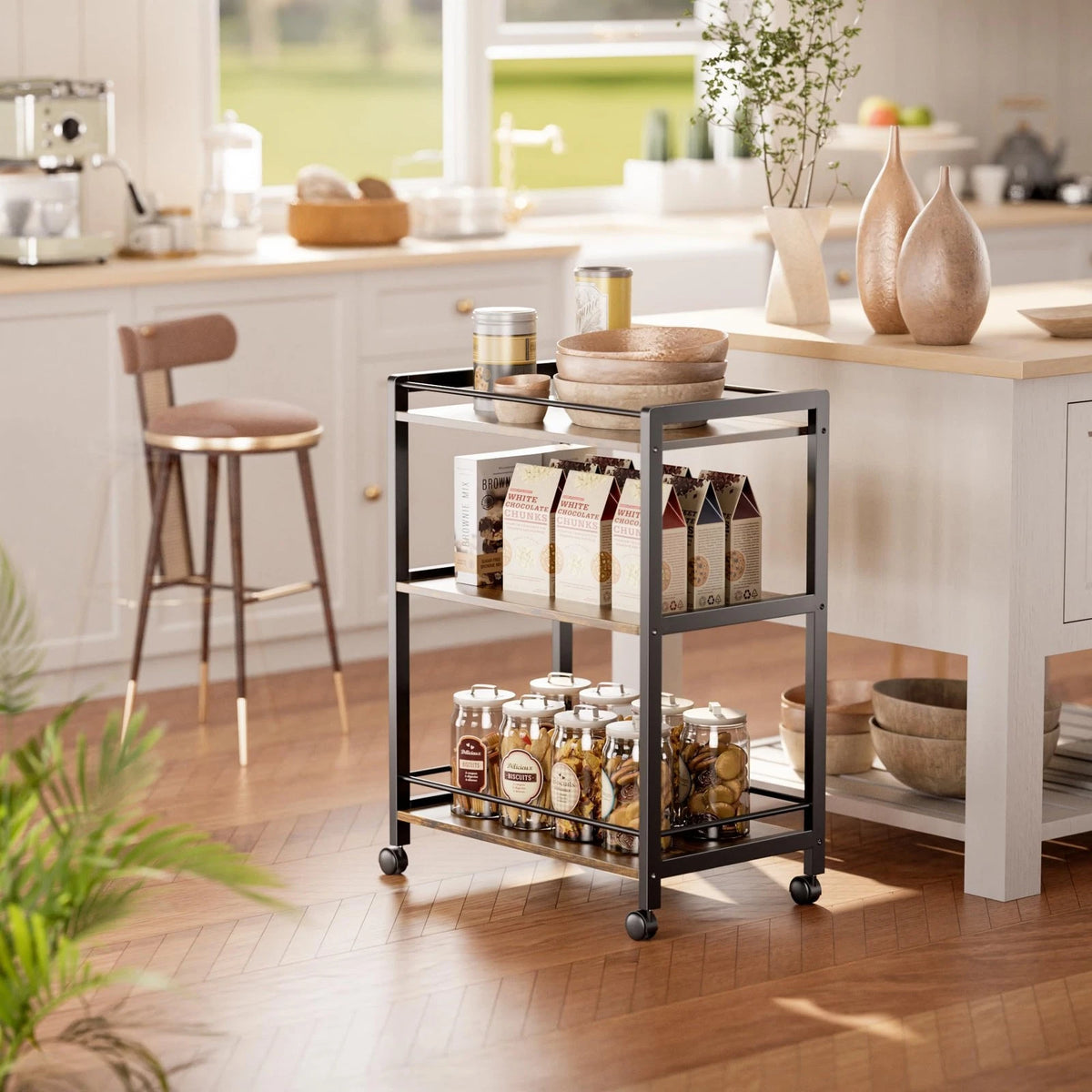 Bar Cart for Home with Wheels and Storage Shelves