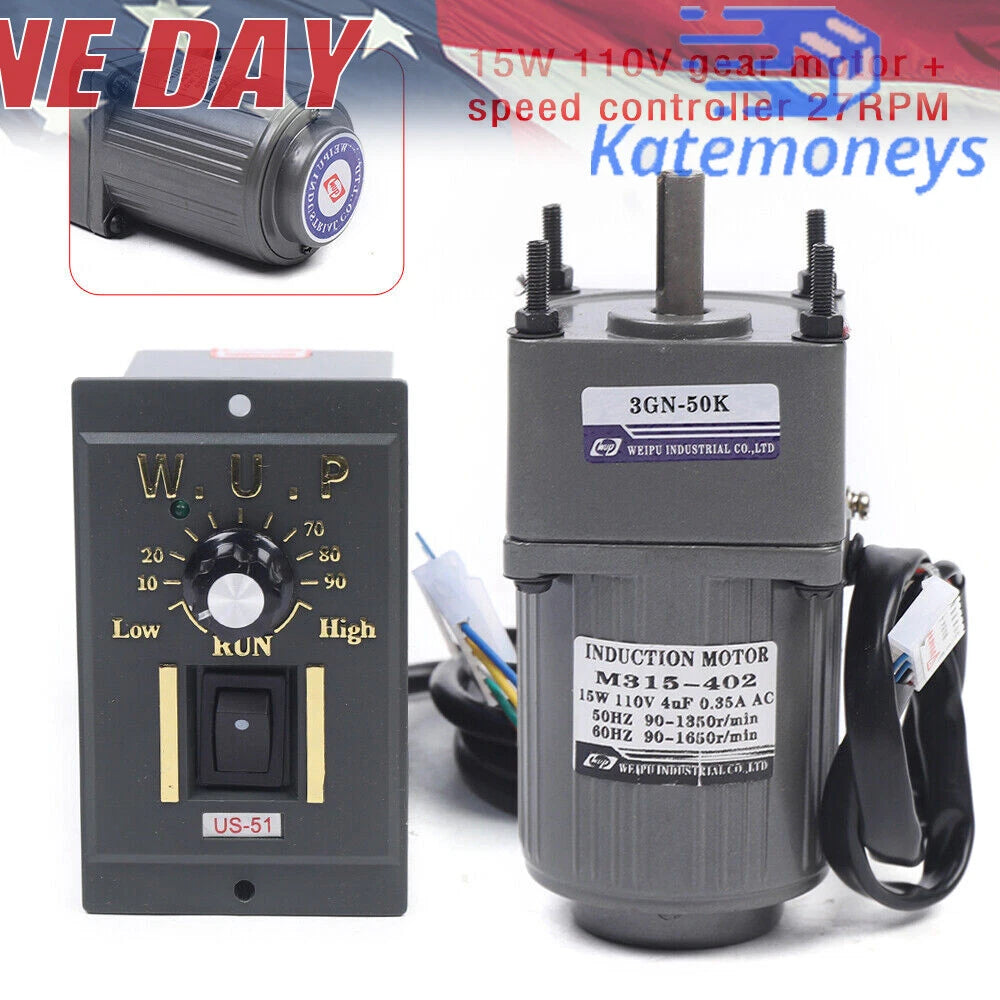 15W Reversible AC Gear Motor with Variable Speed Controller 110V 50K 27RPM