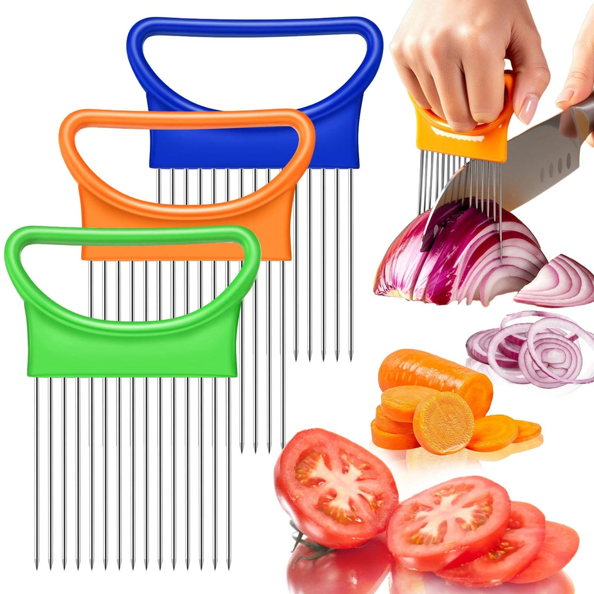 3X Stainless Steel Onion Holder for Slicing (Blue, Green, Orange)