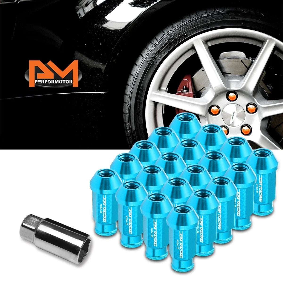 20Pc M12X1.25 Sky Blue JDM Open-End Acorn Hex Wheel Lug Nuts + Extension 25mm