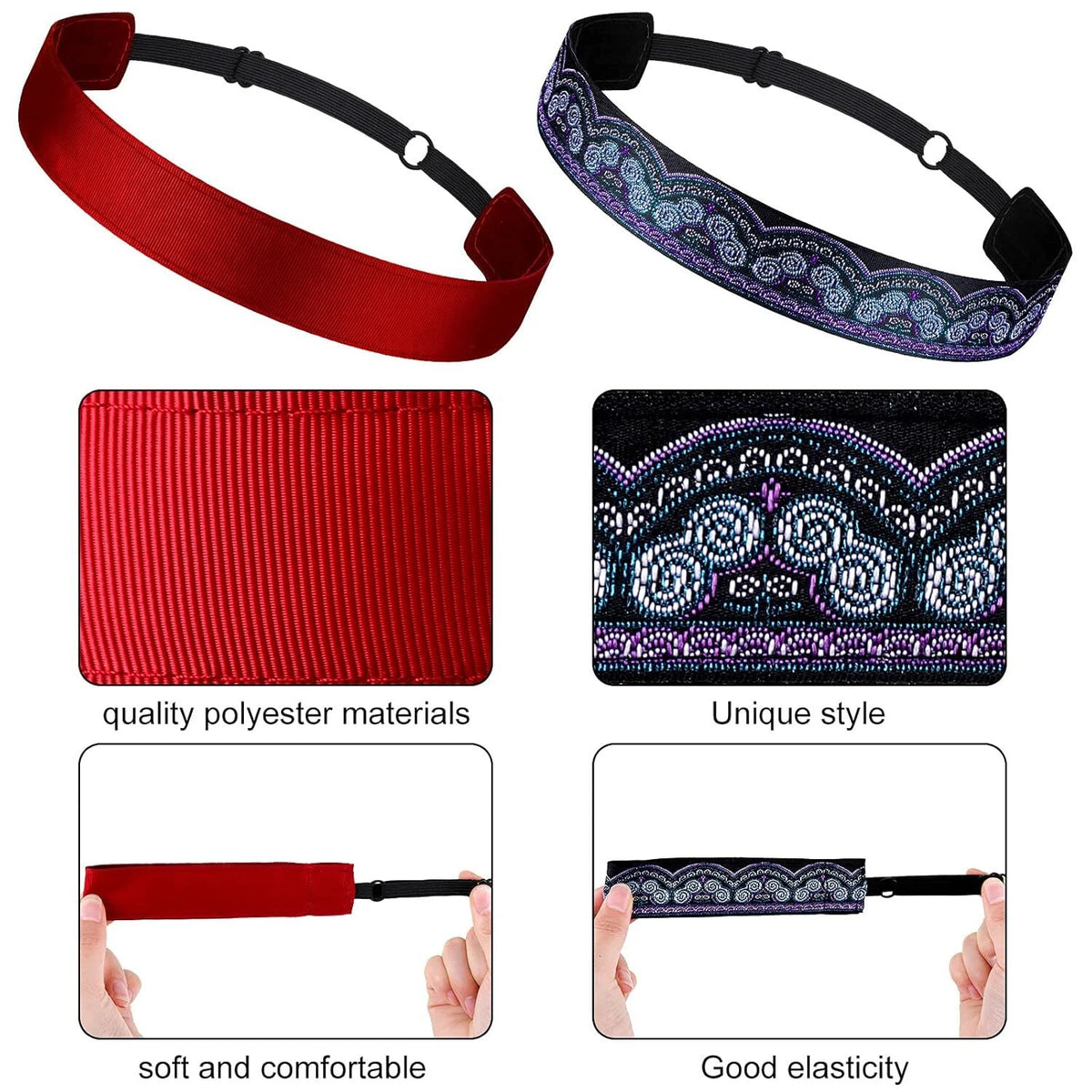 Set of 8 Elastic Headbands for Women - Adjustable Non-Slip Velvet Lined