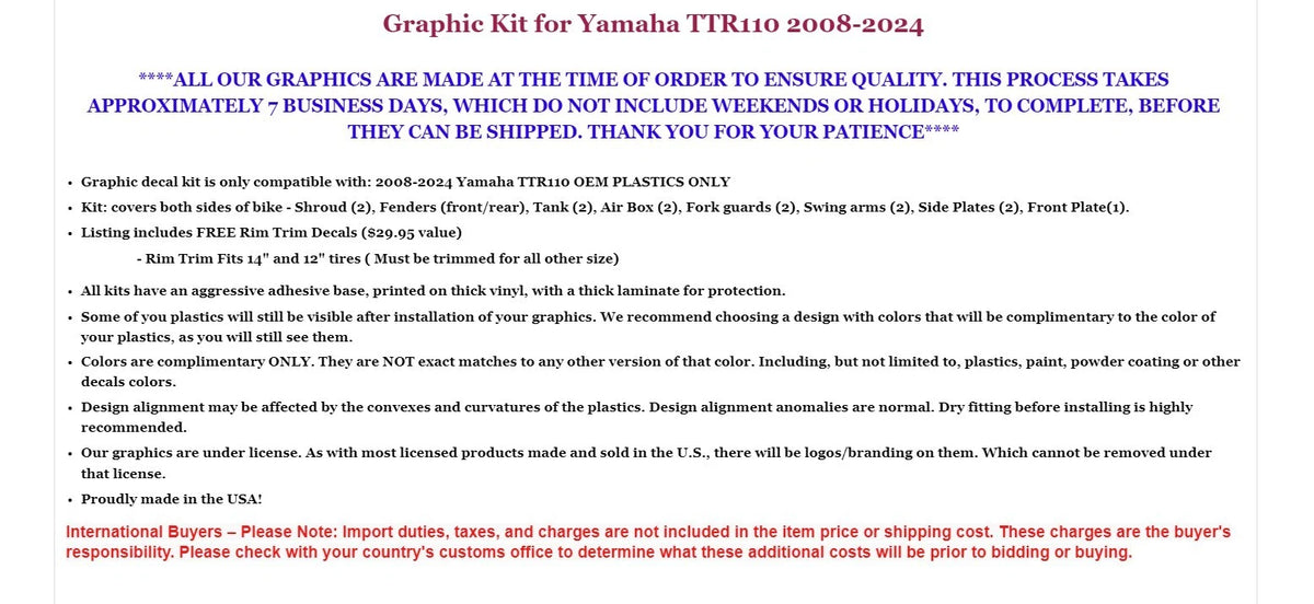 Graphics Decals Stickers + Plates for Yamaha TTR110 (2008–2024)