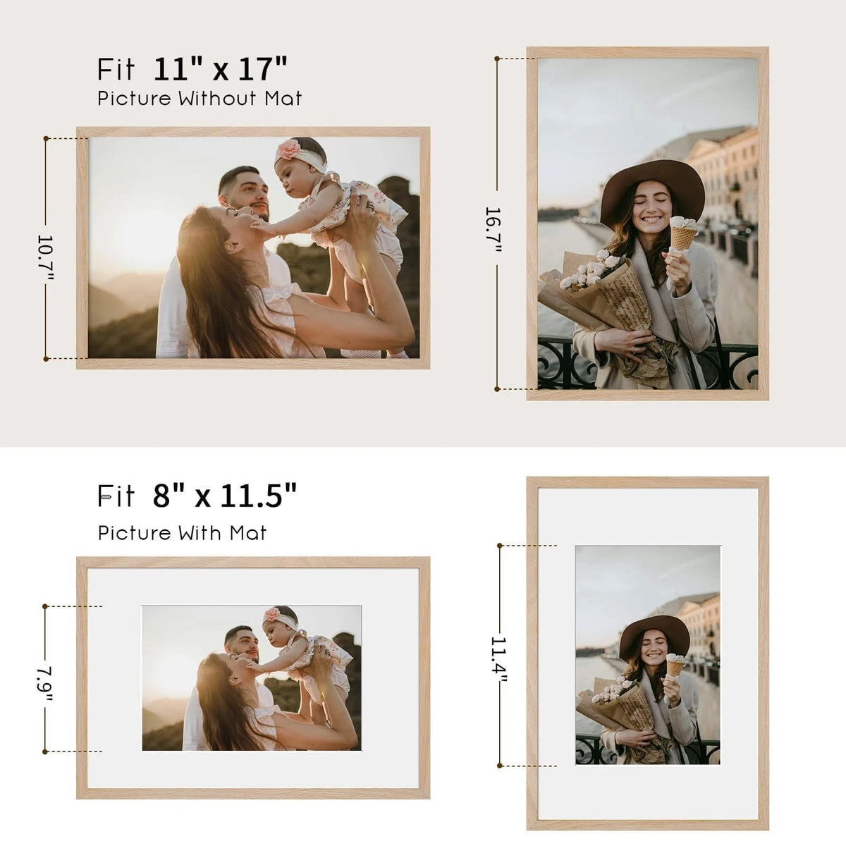 11x17 Solid Oak Wood Picture Frame for 8x12 Photos (Fits 11x17)