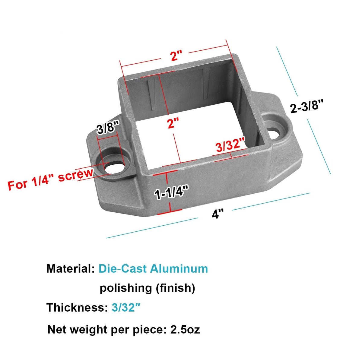 Set of 10 Aluminum Square Post Flange Base for 2"x2" Tube, Rail 2 Inch