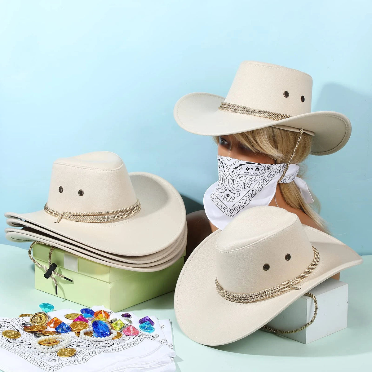 12 Pieces Cowboy Hats and Bandanas for Costume Party